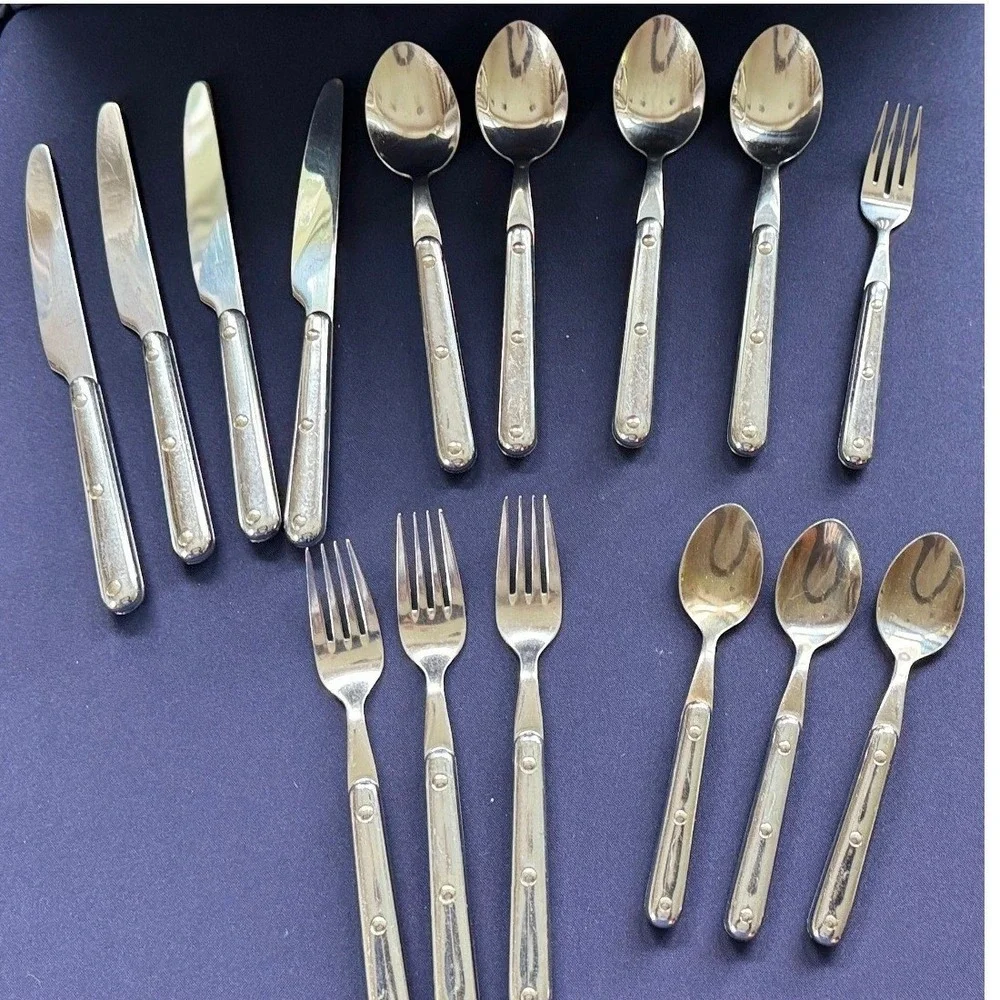 Vintage 15 Piece Stainless Steel Flatware Set‎ Silver Riveted Handles